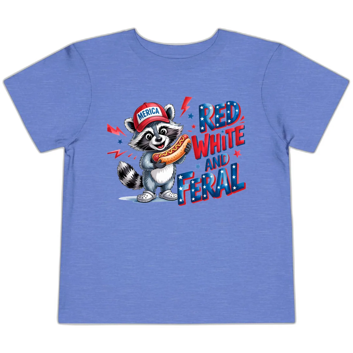 Patriotic Raccoon Hot Dog Red White And Feral Toddler T-Shirt in Heather Columbia Blue