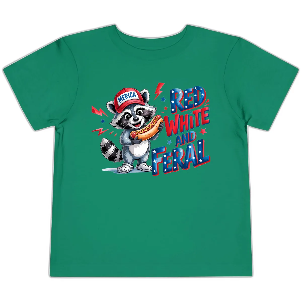 Patriotic Raccoon Hot Dog Red White And Feral Toddler T-Shirt in Kelly