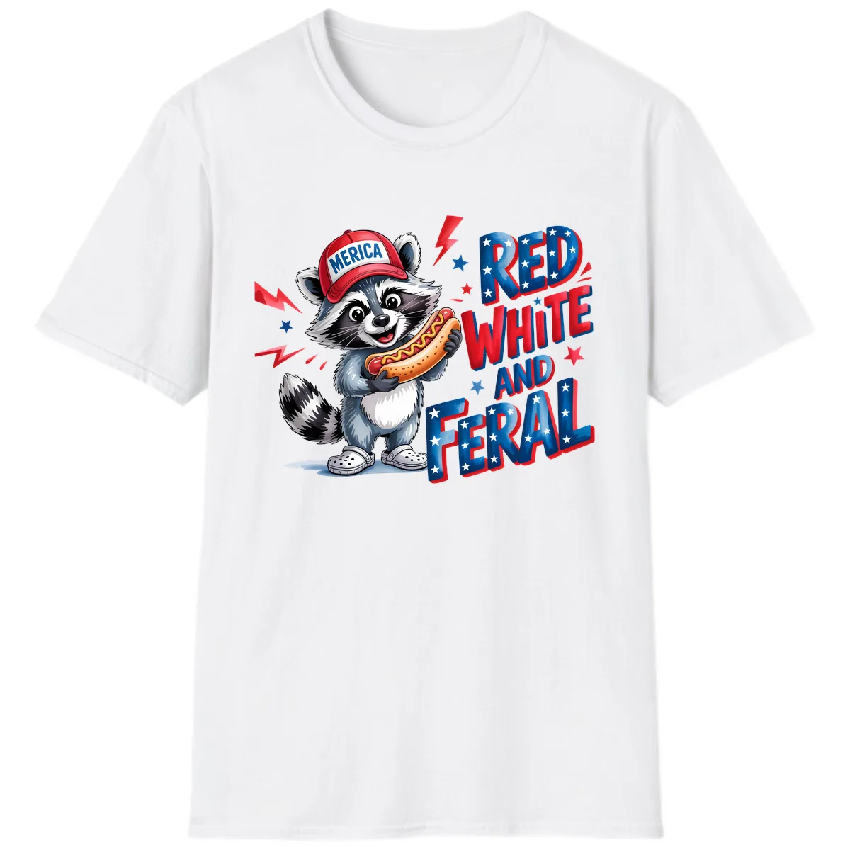 Patriotic Raccoon Hot Dog Red White And Feral T-Shirt in White