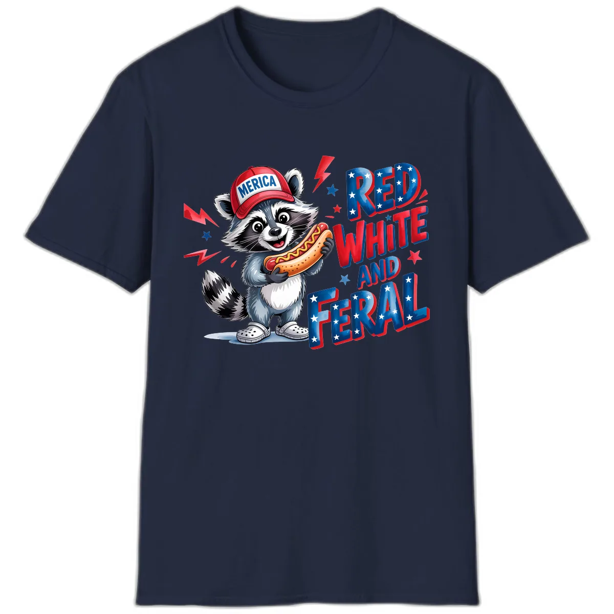 Patriotic Raccoon Hot Dog Red White And Feral T-Shirt in Navy