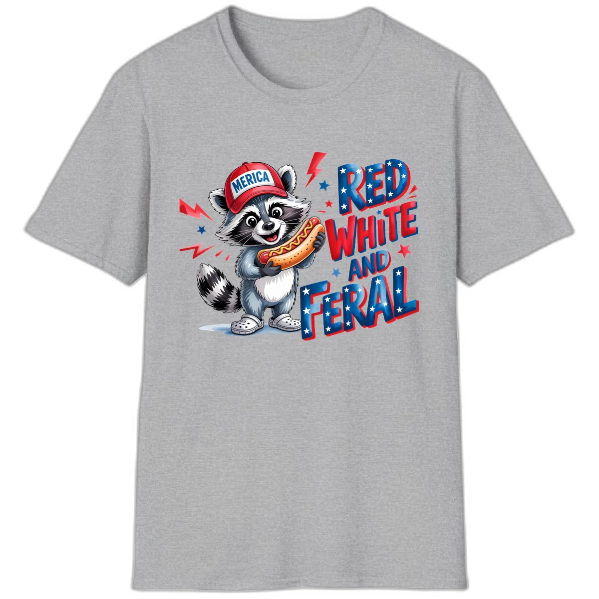Patriotic Raccoon Hot Dog Red White And Feral T-Shirt in Sport Grey