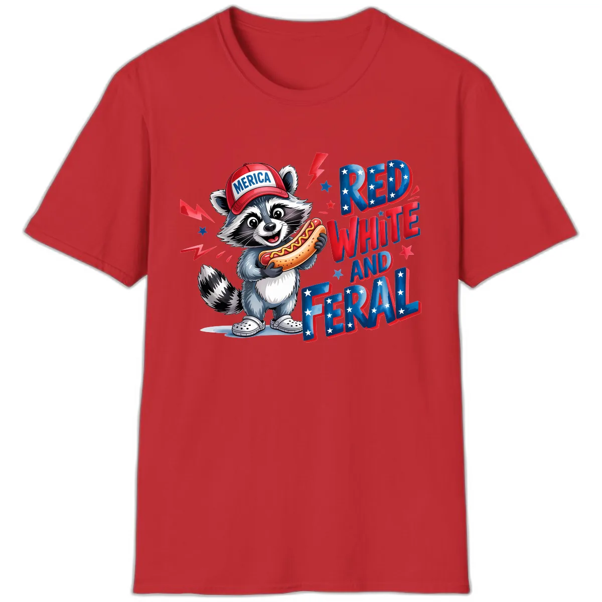 Patriotic Raccoon Hot Dog Red White And Feral T-Shirt in Red