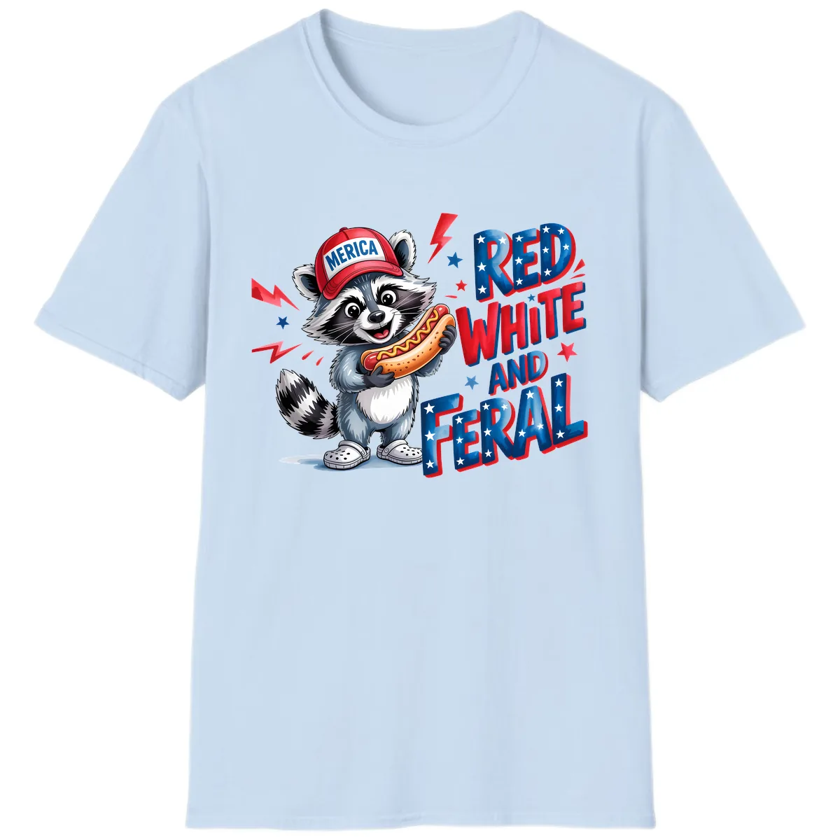 Patriotic Raccoon Hot Dog Red White And Feral T-Shirt in Light Blue