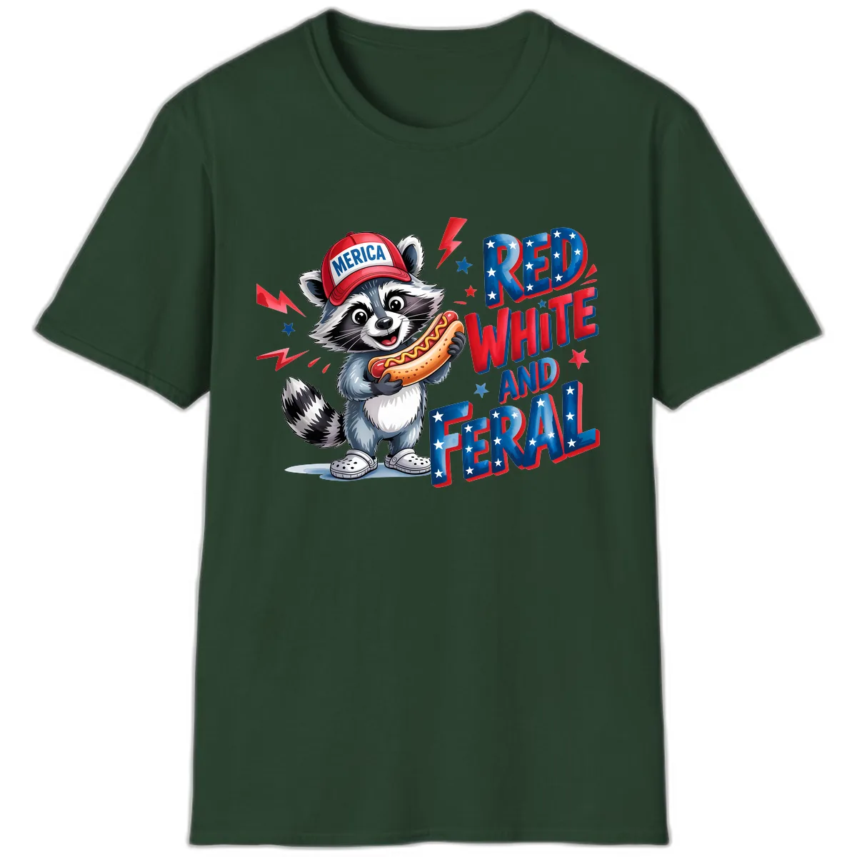 Patriotic Raccoon Hot Dog Red White And Feral T-Shirt in Forest Green