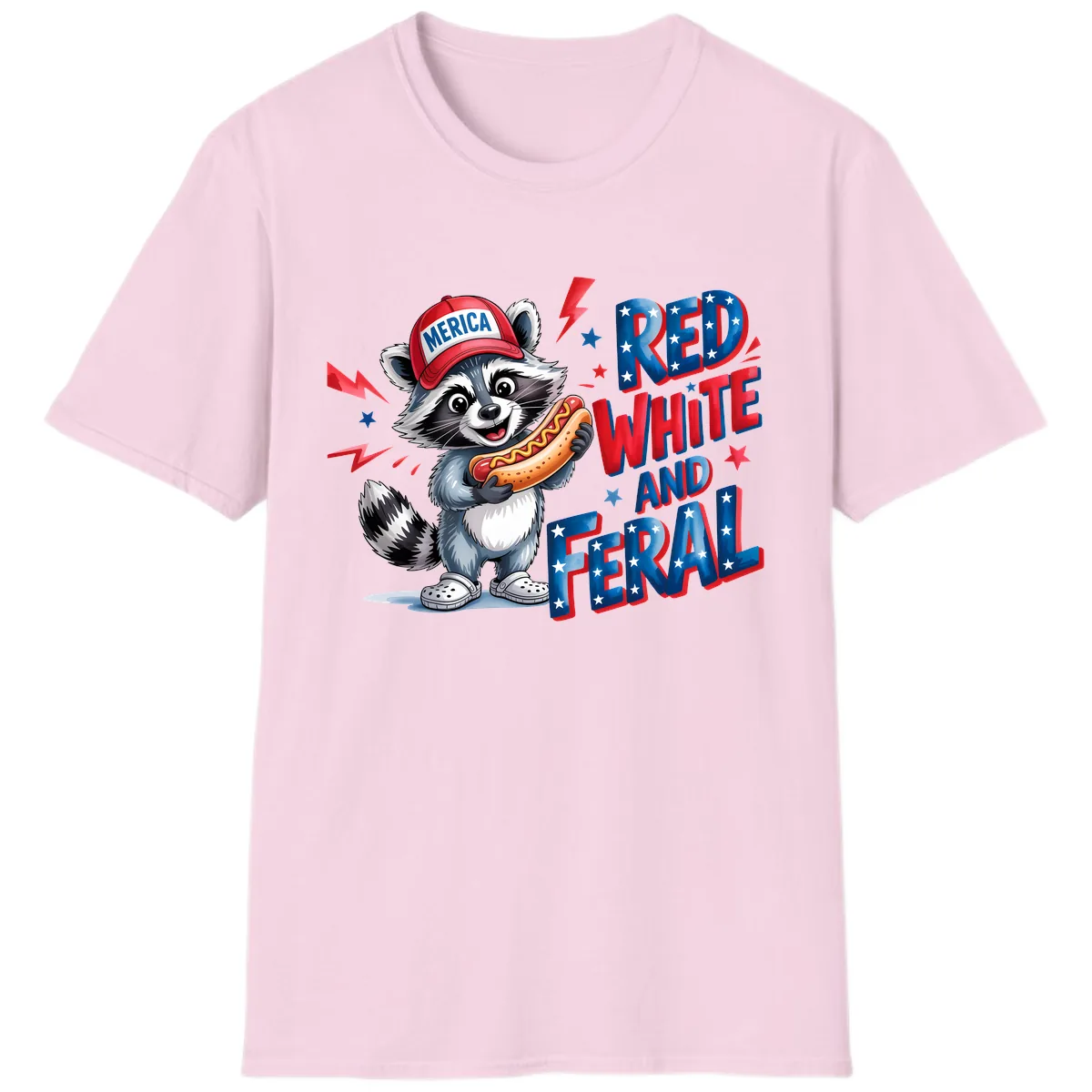 Patriotic Raccoon Hot Dog Red White And Feral T-Shirt in Light Pink