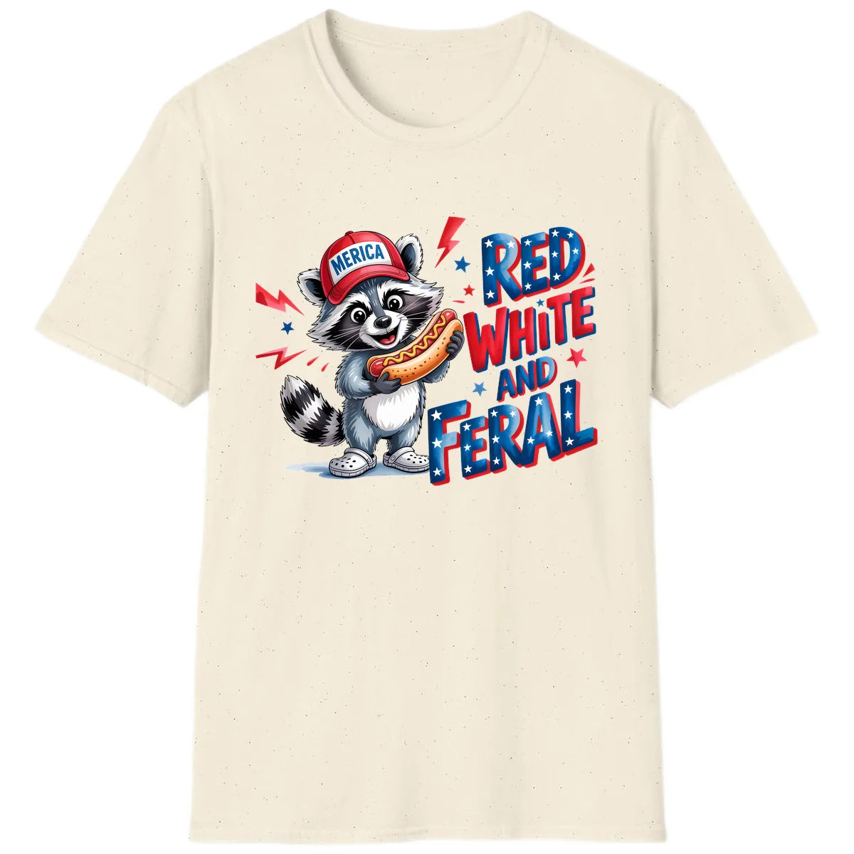 Patriotic Raccoon Hot Dog Red White And Feral T-Shirt in Natural