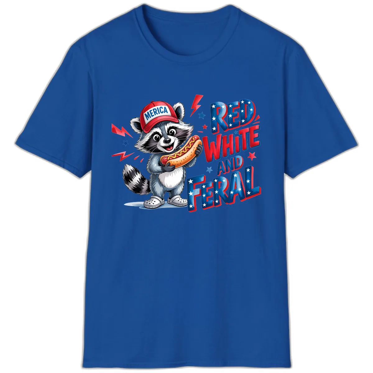 Patriotic Raccoon Hot Dog Red White And Feral T-Shirt in Royal