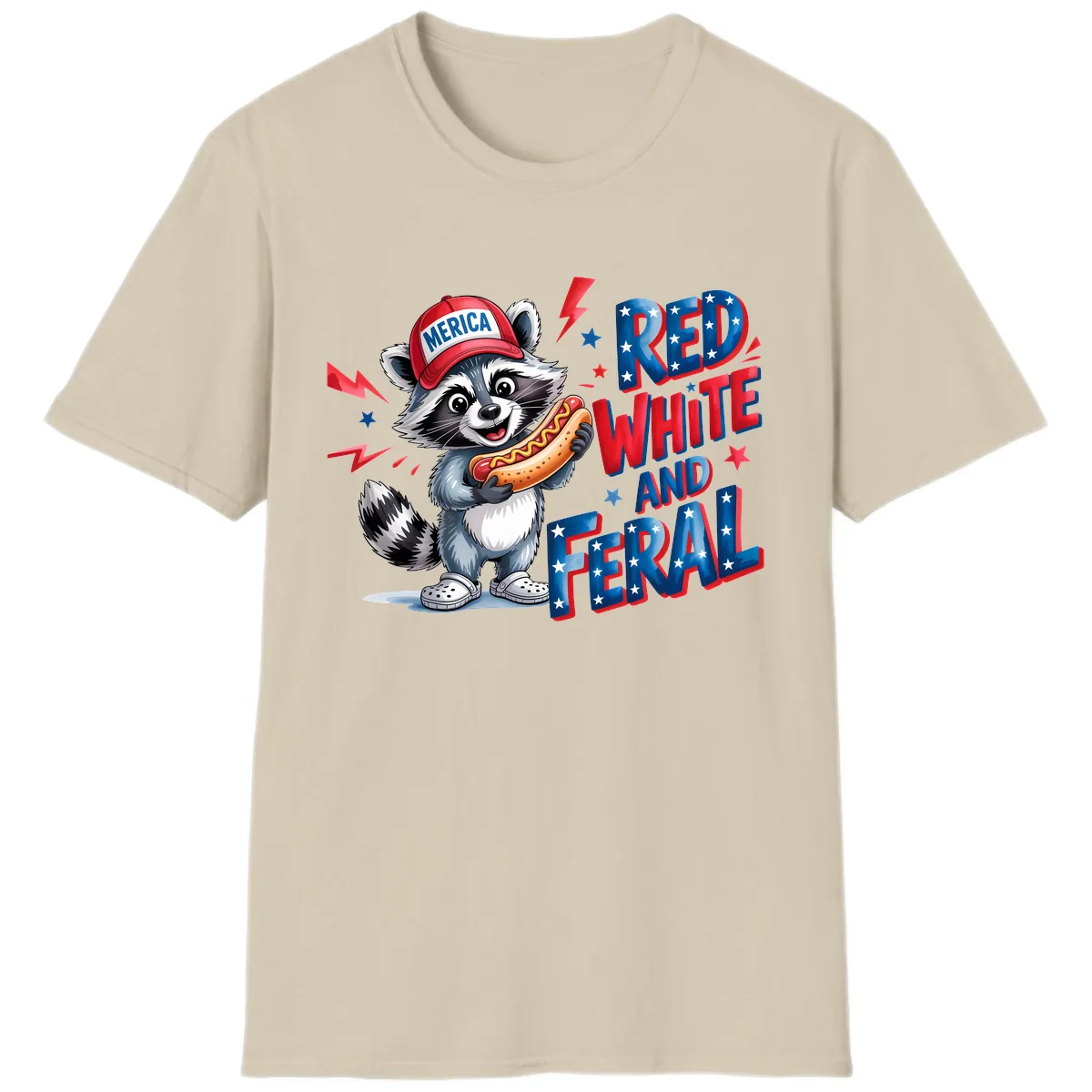 Patriotic Raccoon Hot Dog Red White And Feral T-Shirt in Sand