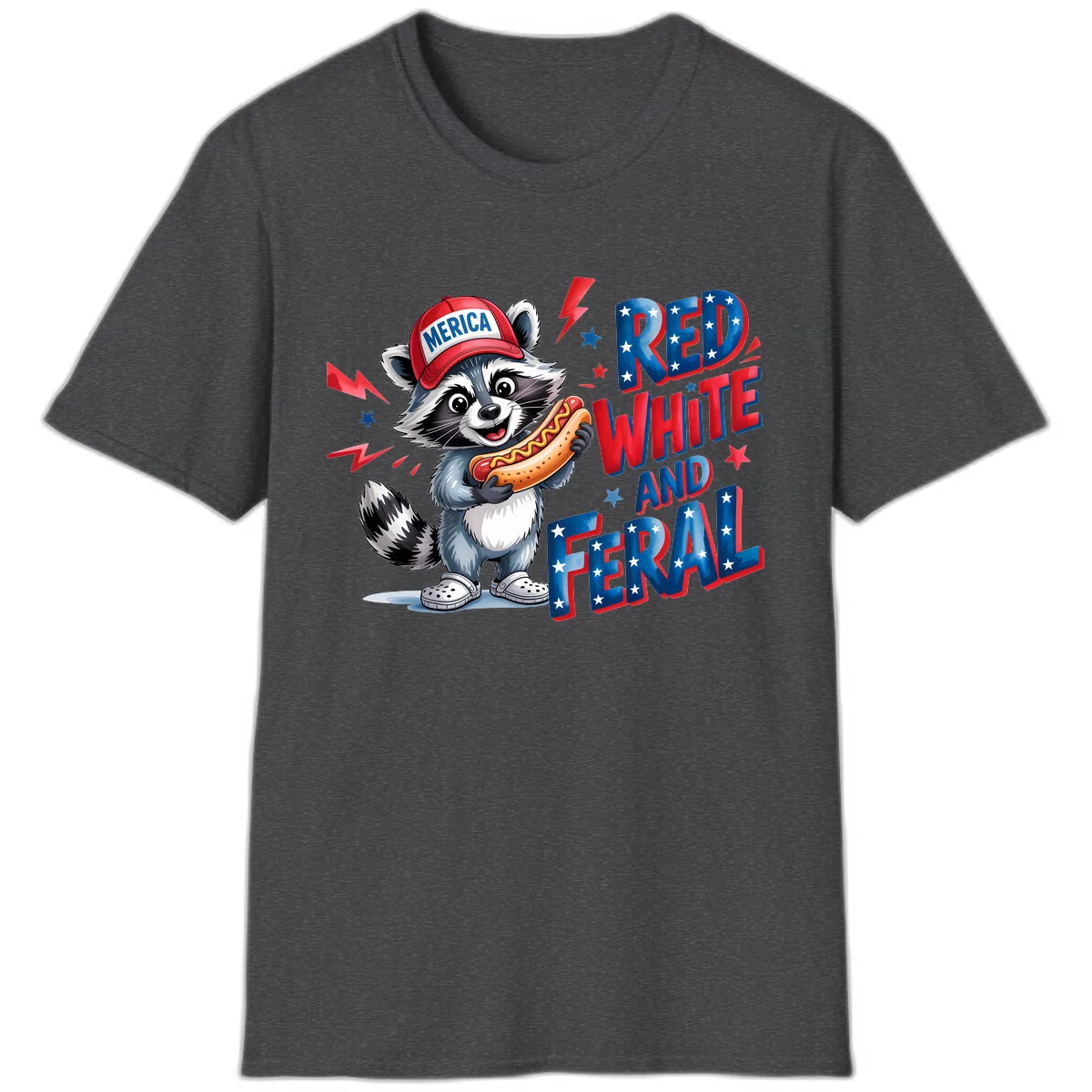 Patriotic Raccoon Hot Dog Red White And Feral T-Shirt in Dark Heather