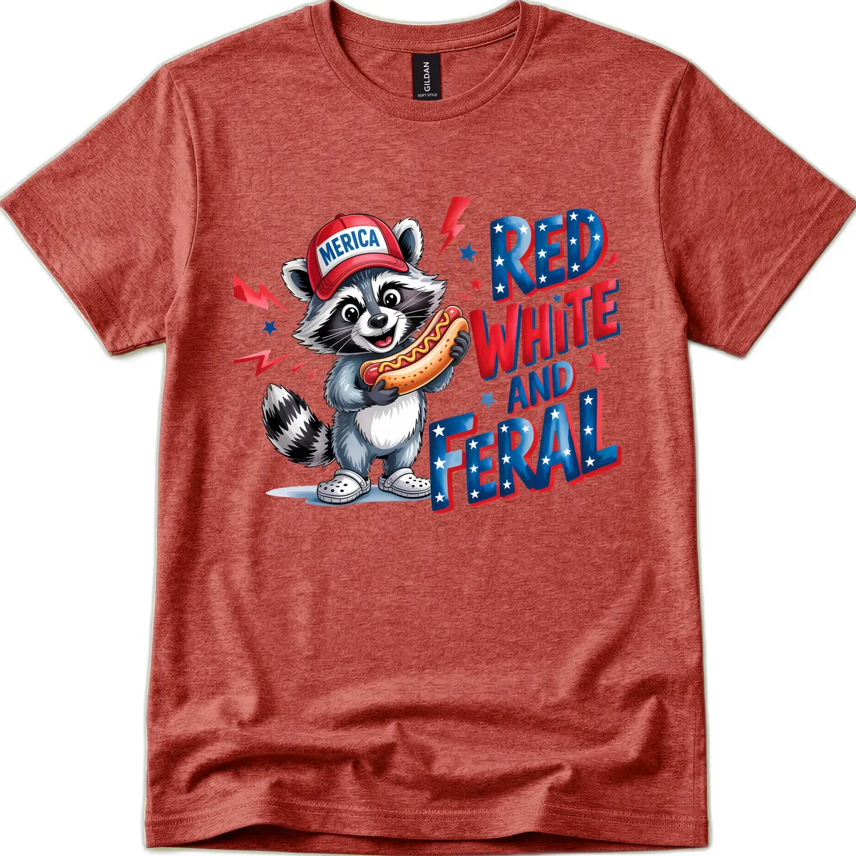 Patriotic Raccoon Hot Dog Red White And Feral T-Shirt in Heather Cardinal