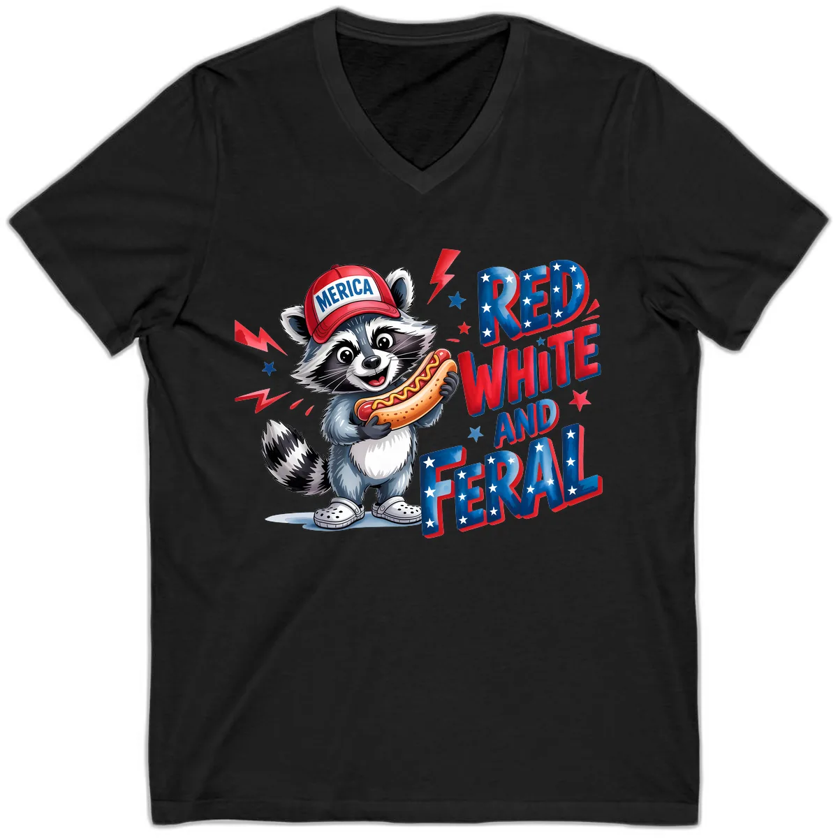 Patriotic Raccoon Hot Dog Red White And Feral V-Neck in Black