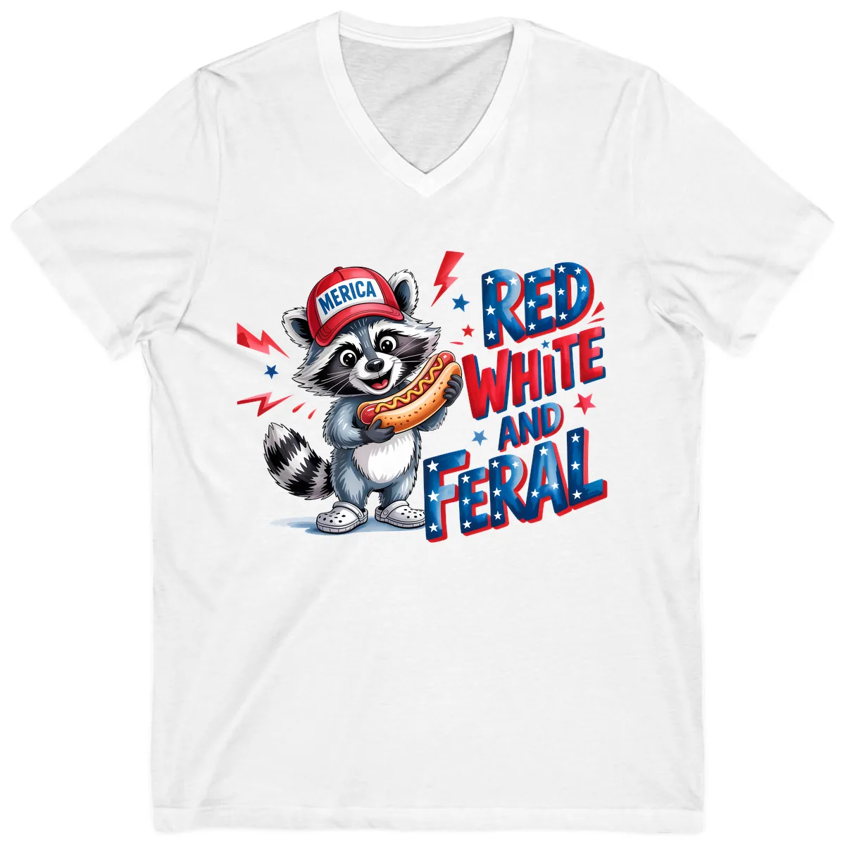 Patriotic Raccoon Hot Dog Red White And Feral V-Neck in White