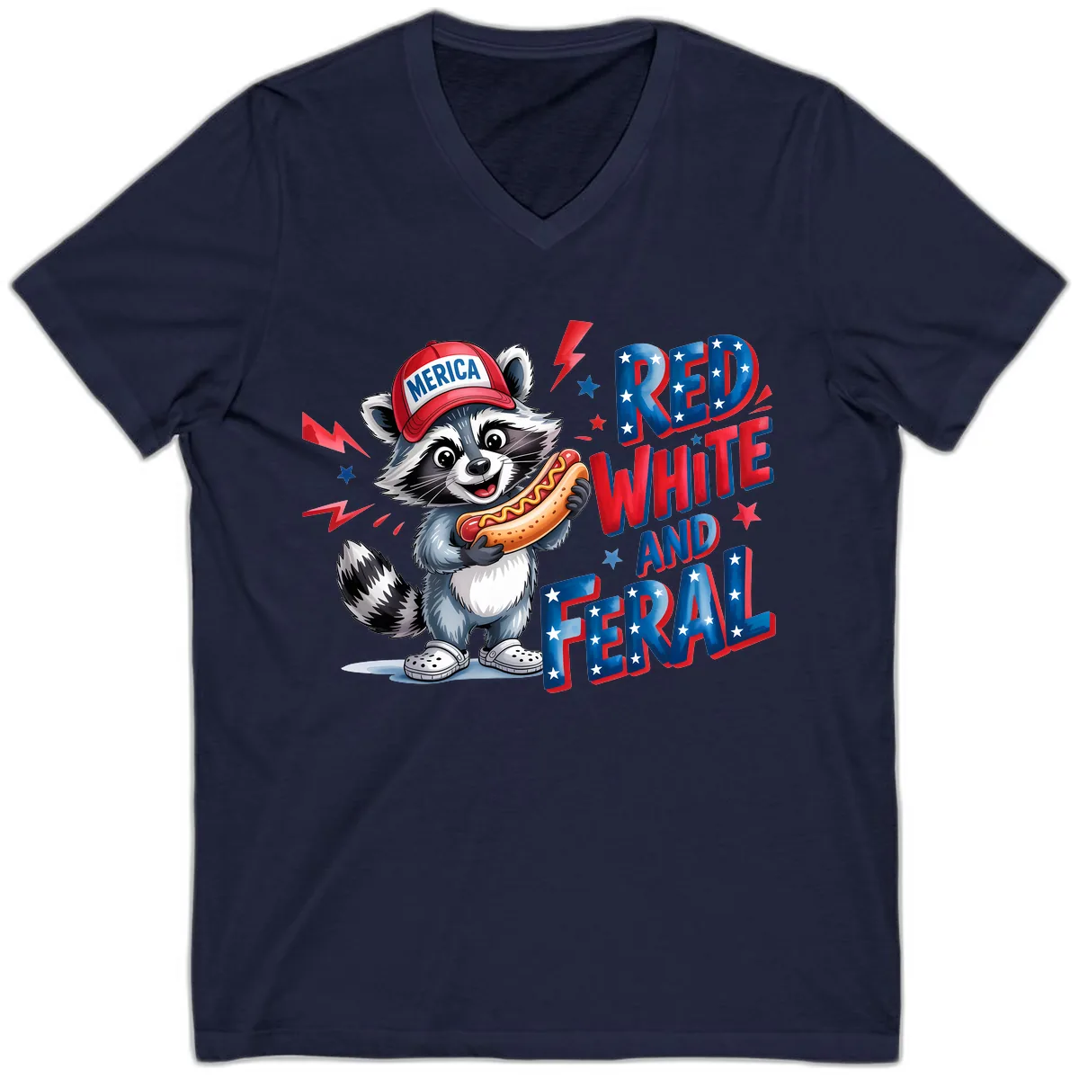 Patriotic Raccoon Hot Dog Red White And Feral V-Neck in Navy