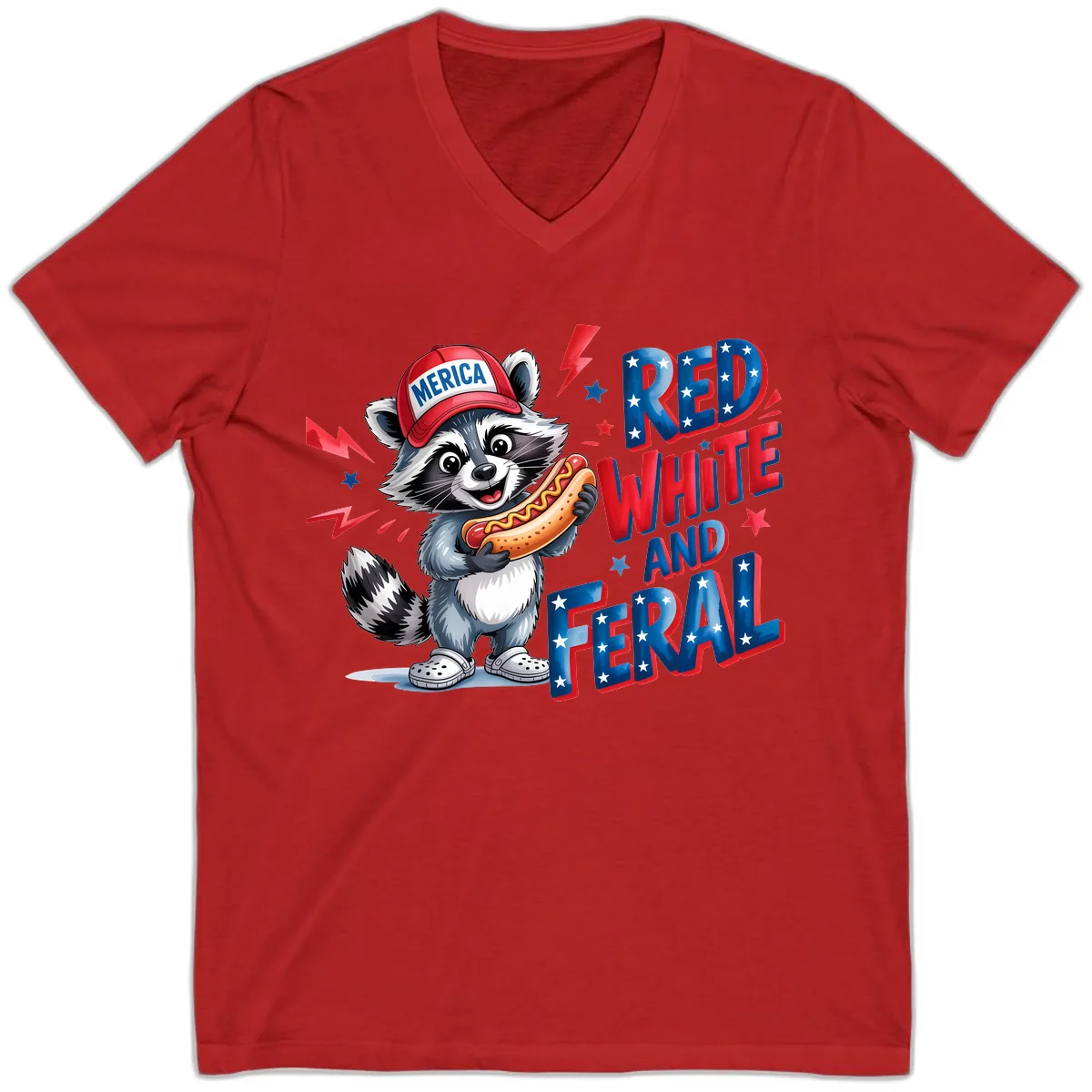 Patriotic Raccoon Hot Dog Red White And Feral V-Neck in Red