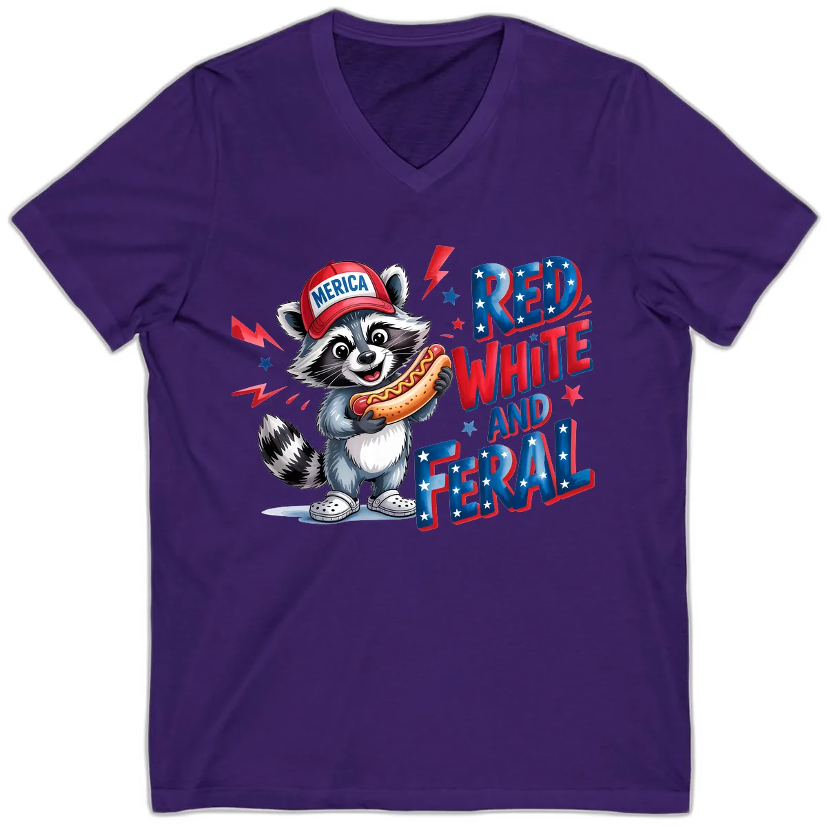 Patriotic Raccoon Hot Dog Red White And Feral V-Neck in Team Purple