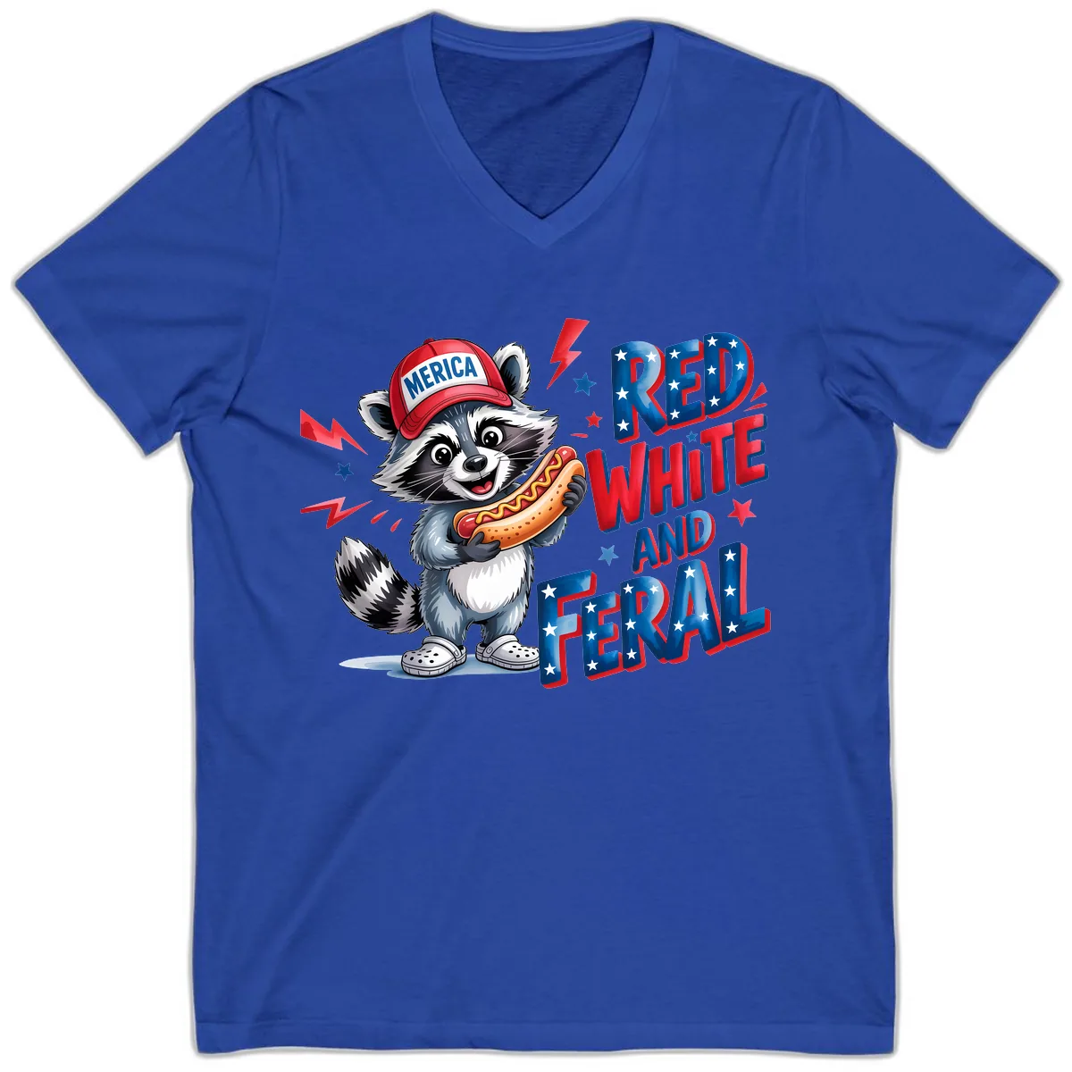 Patriotic Raccoon Hot Dog Red White And Feral V-Neck in True Royal