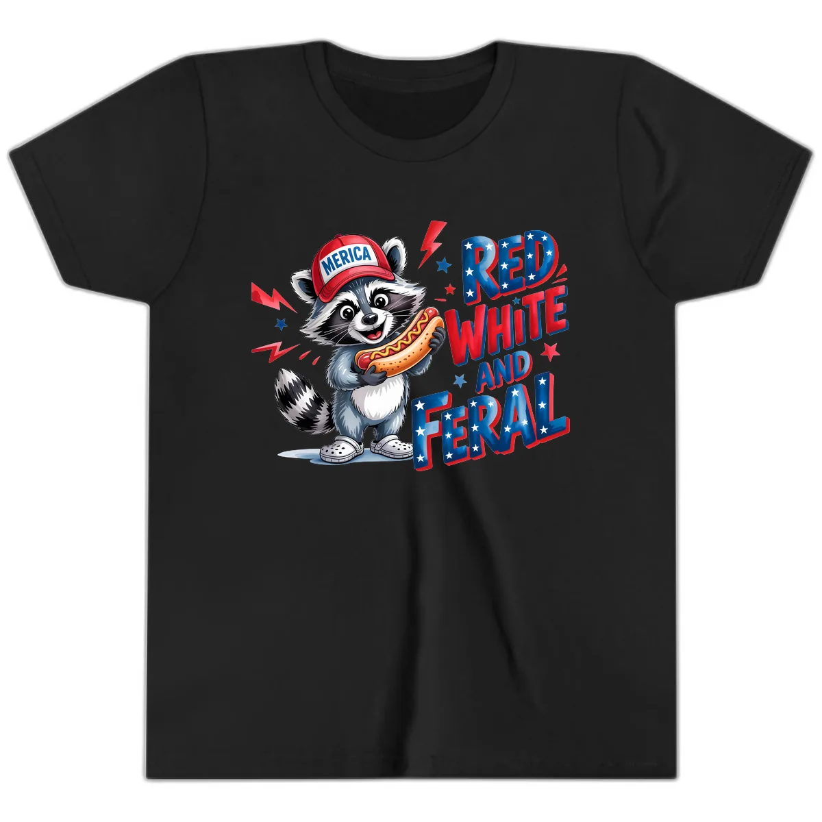 Patriotic Raccoon Hot Dog Red White And Feral Youth T-Shirt in Black