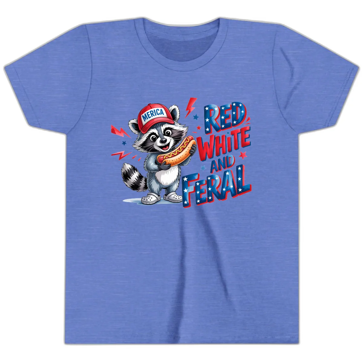 Patriotic Raccoon Hot Dog Red White And Feral Youth T-Shirt in Heather Columbia Blue