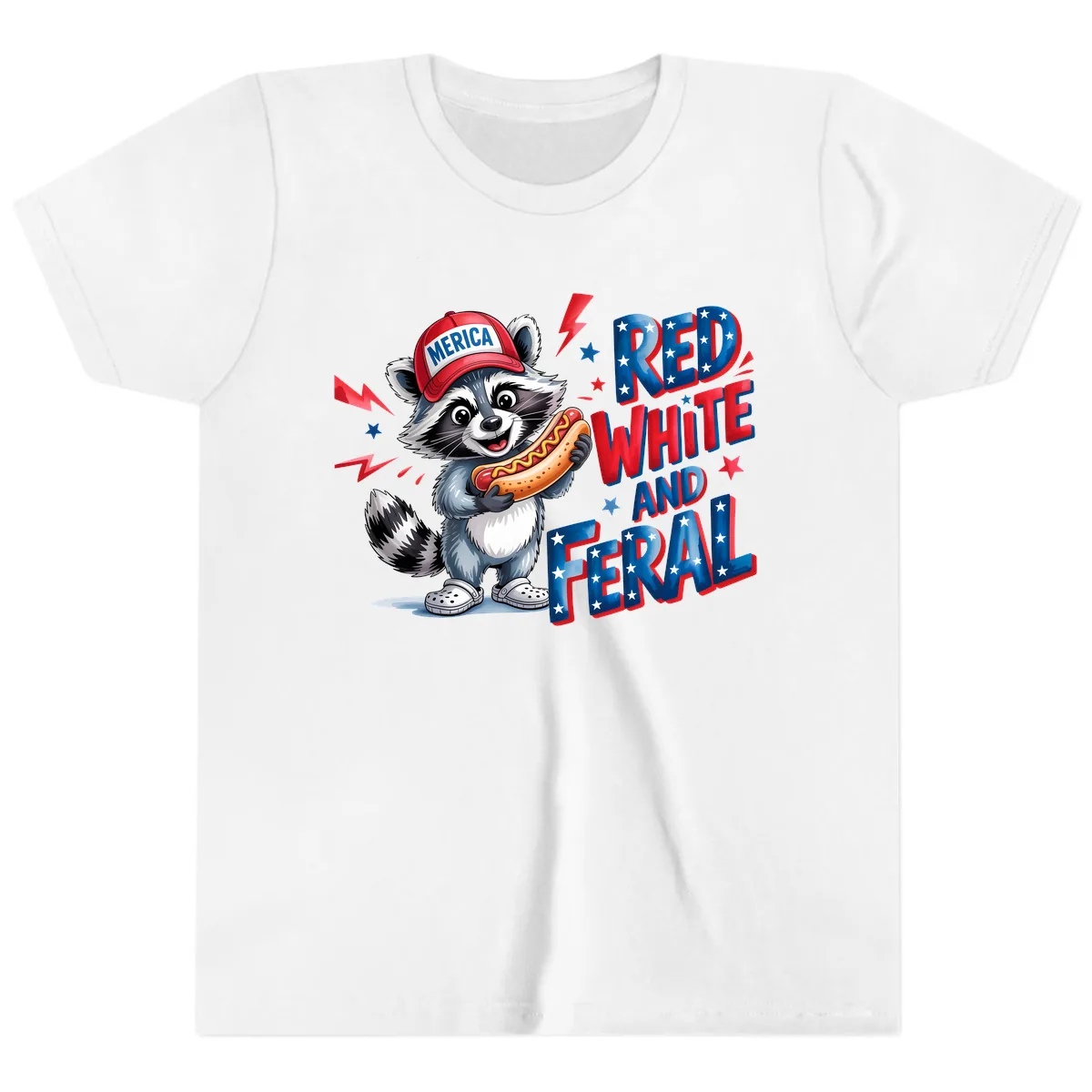 Patriotic Raccoon Hot Dog Red White And Feral Youth T-Shirt in White