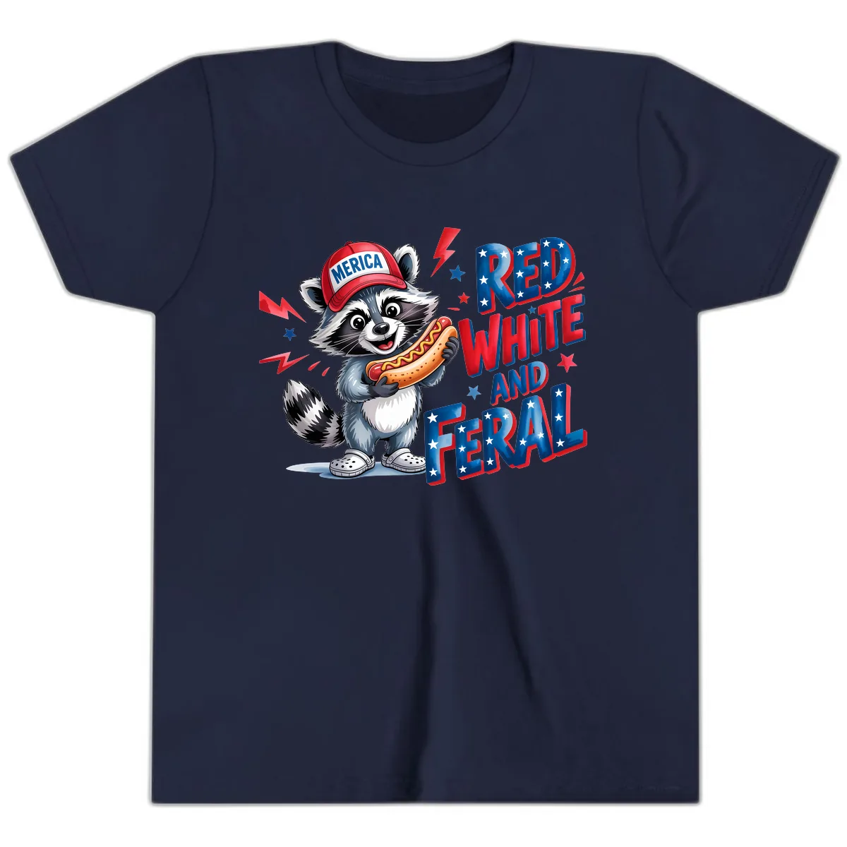 Patriotic Raccoon Hot Dog Red White And Feral Youth T-Shirt in Navy