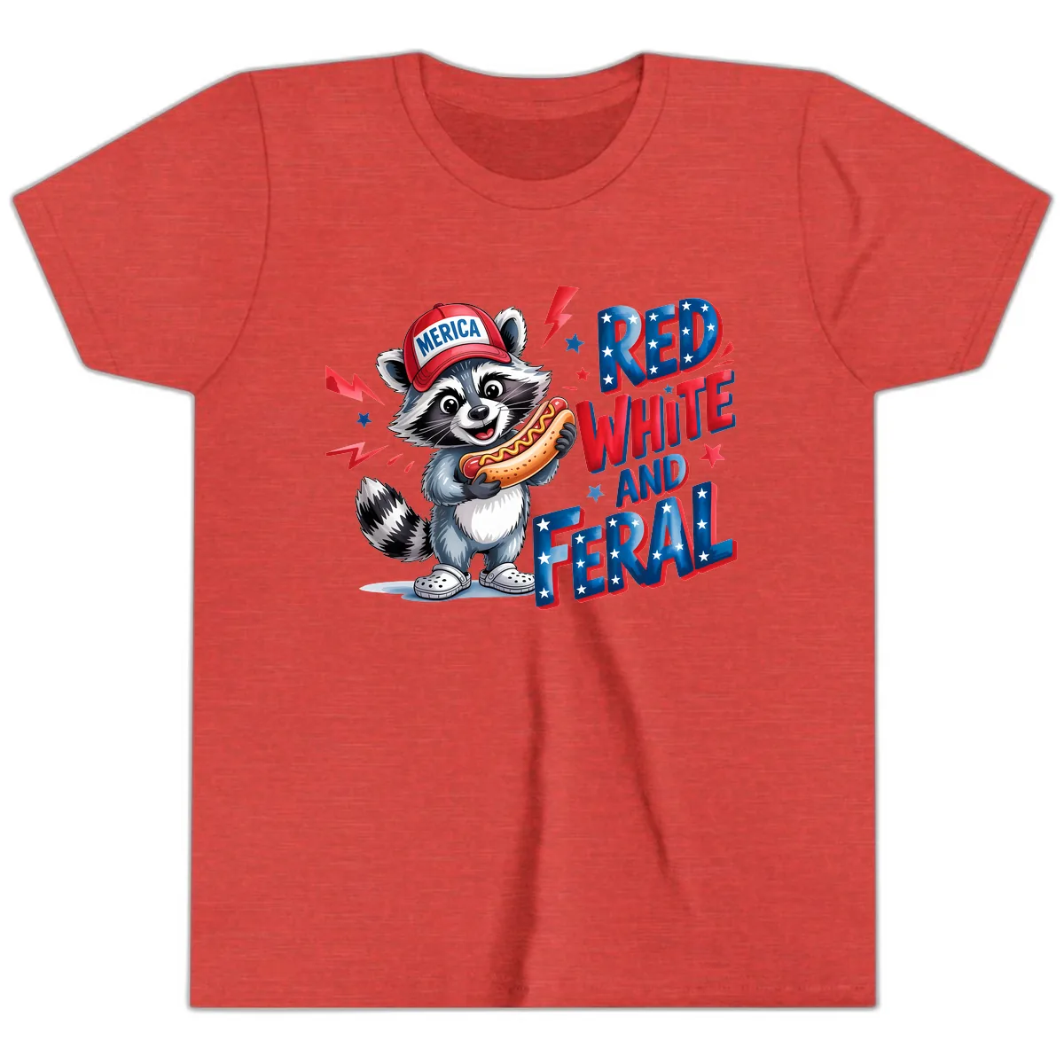 Patriotic Raccoon Hot Dog Red White And Feral Youth T-Shirt in Heather Red