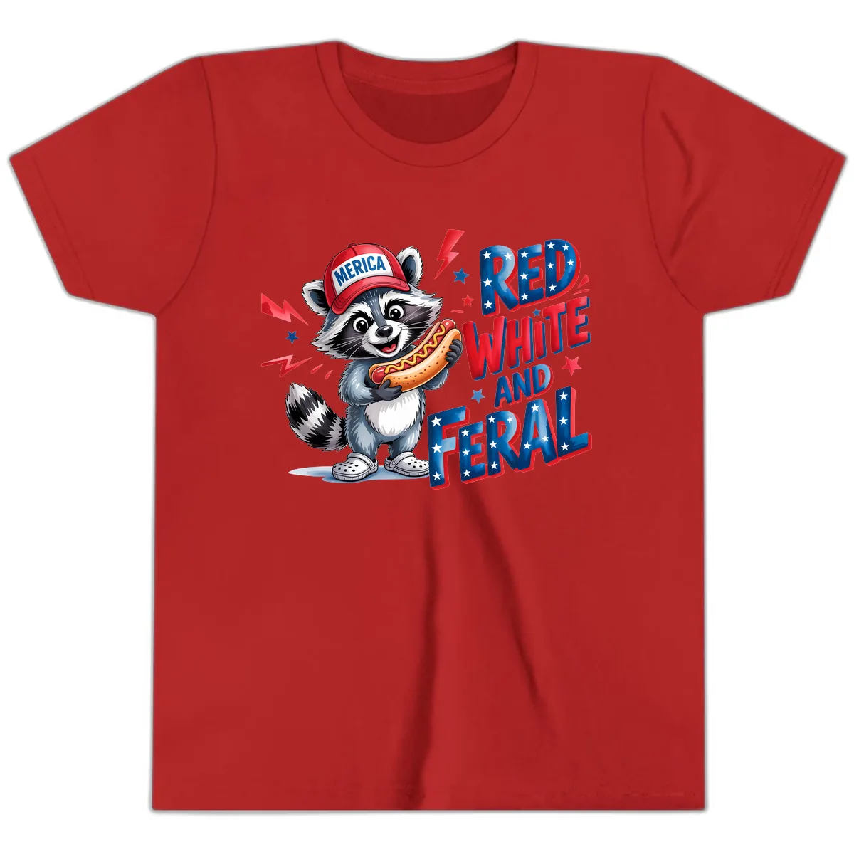 Patriotic Raccoon Hot Dog Red White And Feral Youth T-Shirt in Red