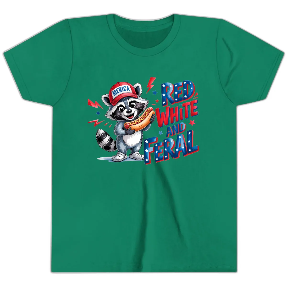 Patriotic Raccoon Hot Dog Red White And Feral Youth T-Shirt in Kelly