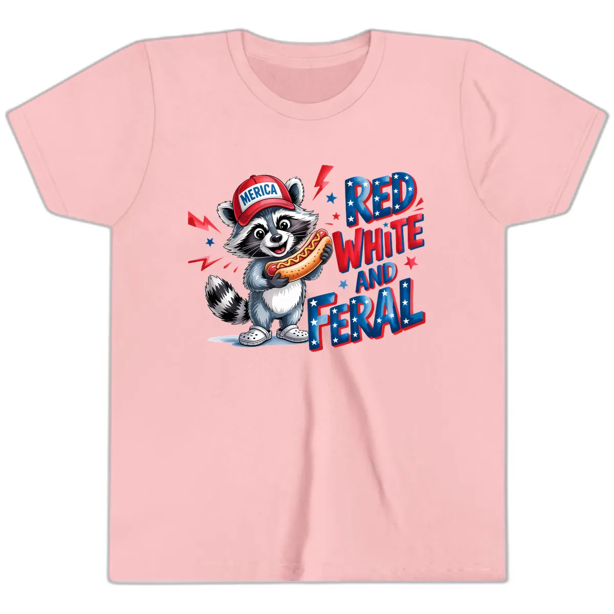 Patriotic Raccoon Hot Dog Red White And Feral Youth T-Shirt in Pink