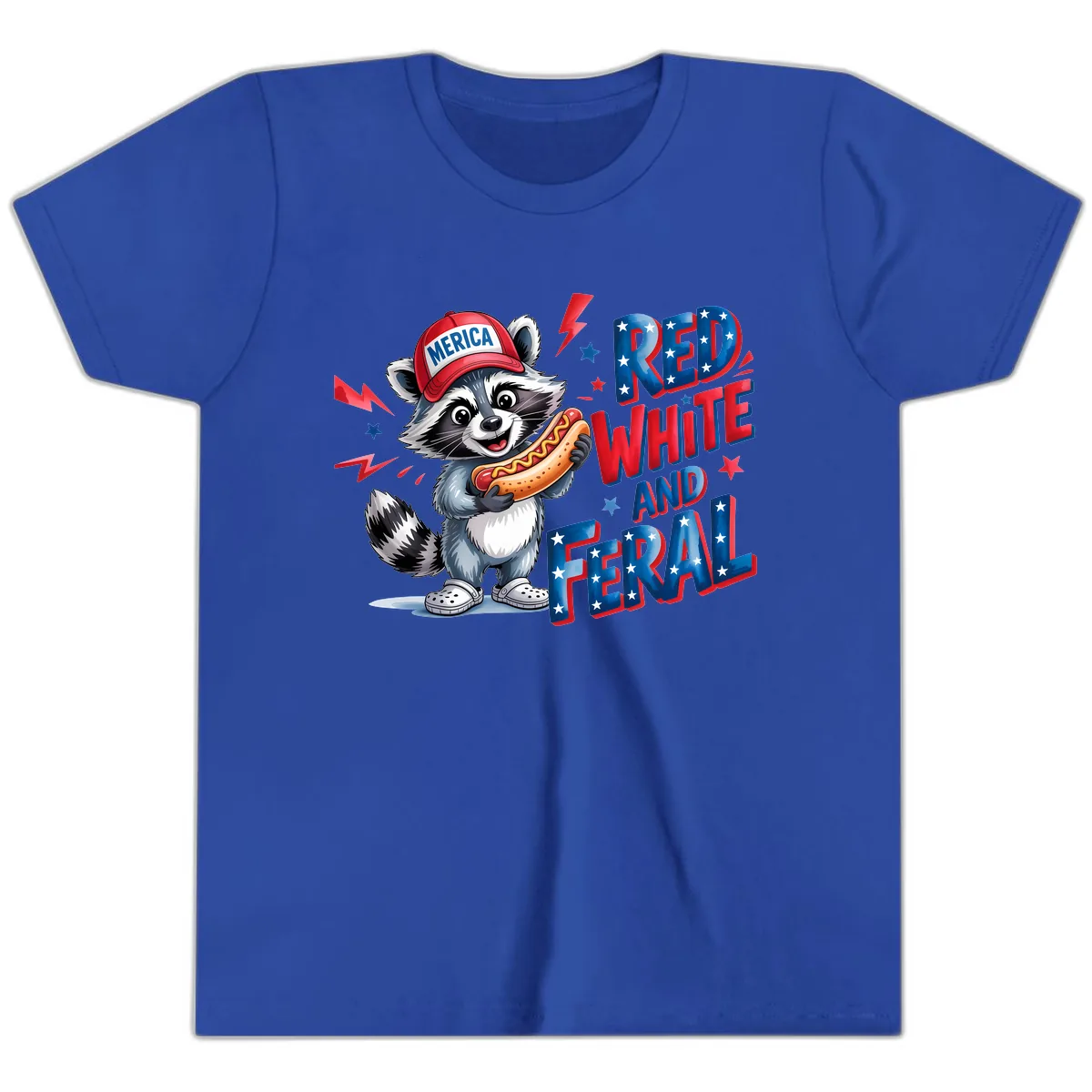 Patriotic Raccoon Hot Dog Red White And Feral Youth T-Shirt in True Royal