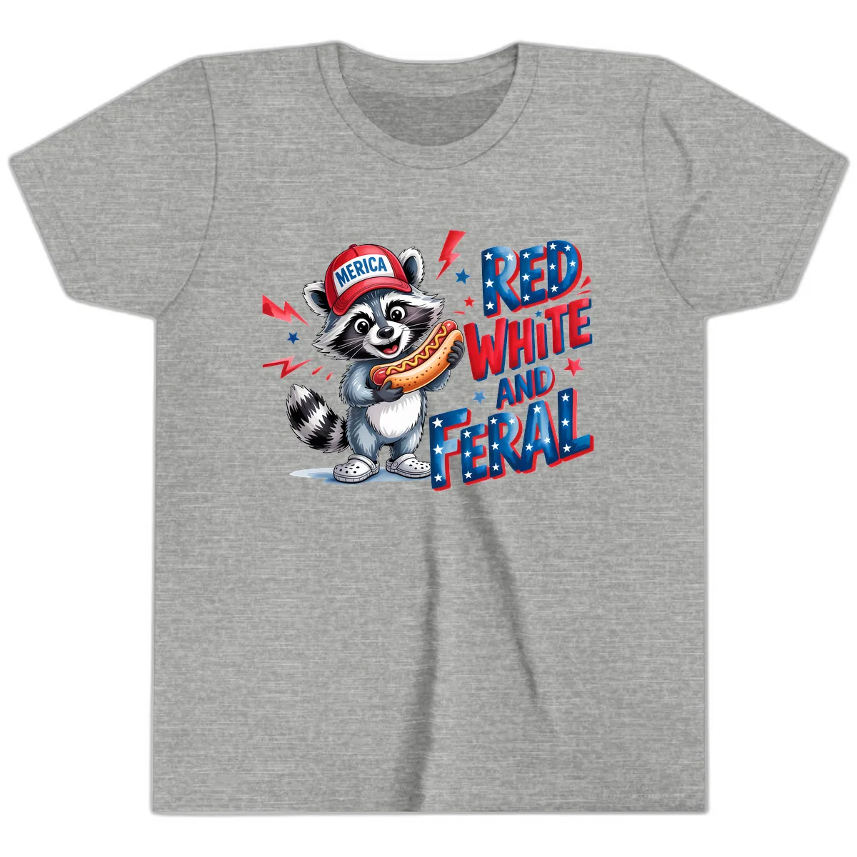 Patriotic Raccoon Hot Dog Red White And Feral Youth T-Shirt in Athletic Heather