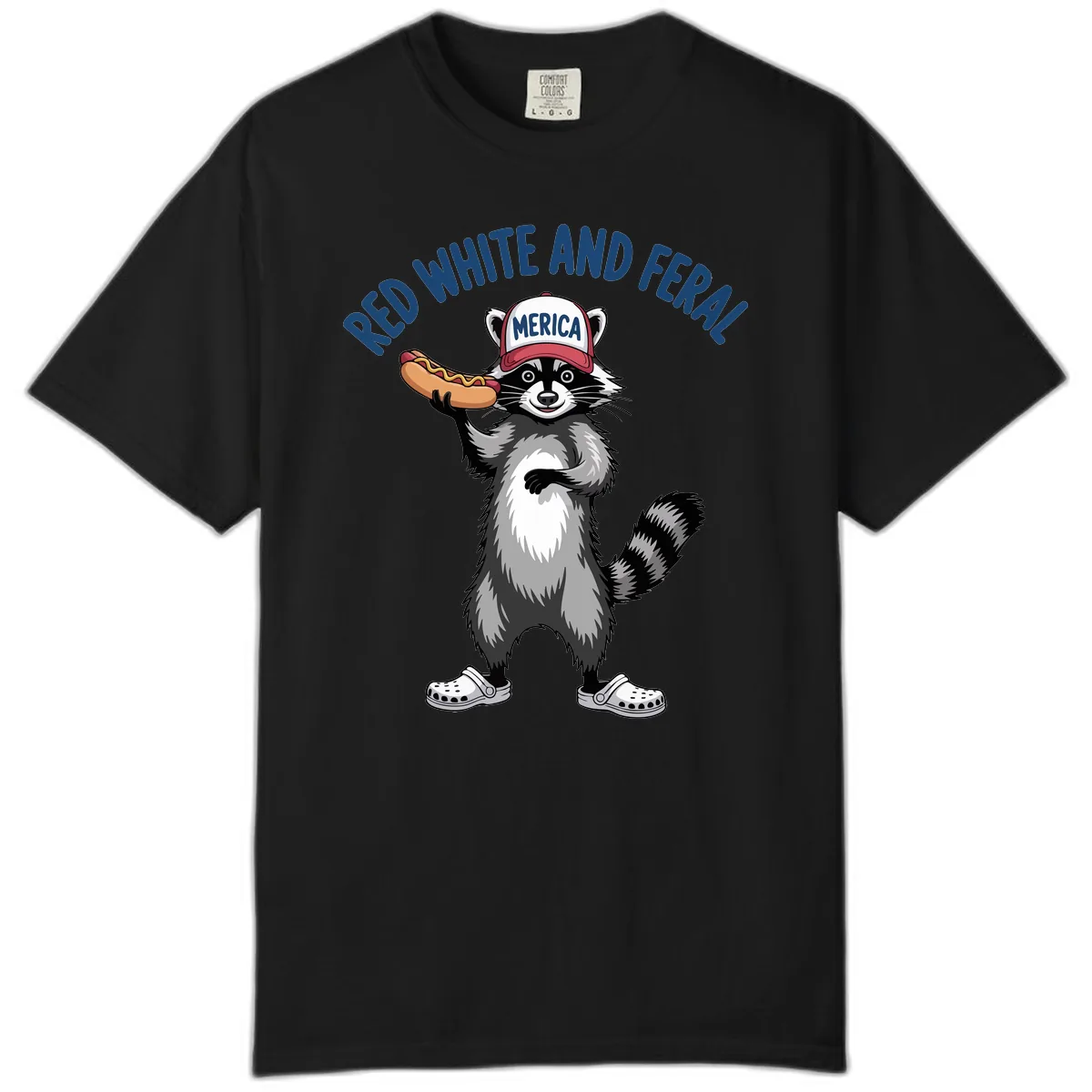 Red White and Feral Raccoon Hot Dog Comfort Color in Black