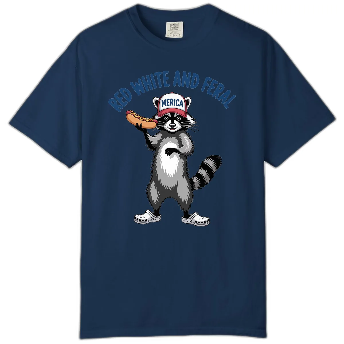 Red White and Feral Raccoon Hot Dog Comfort Color in Navy