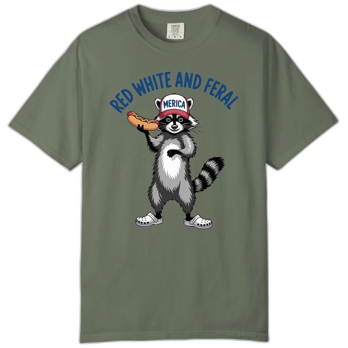 Red White and Feral Raccoon Hot Dog Comfort Color in Moss