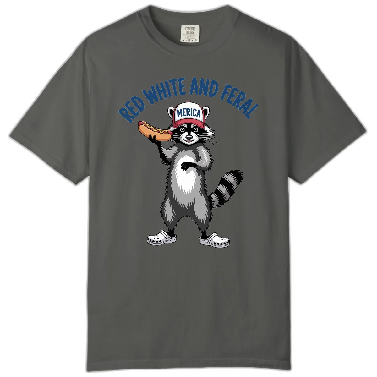 Red White and Feral Raccoon Hot Dog Comfort Color in Pepper