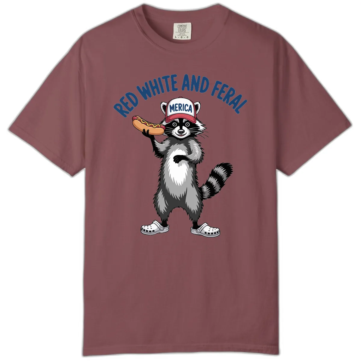 Red White and Feral Raccoon Hot Dog Comfort Color in Brick