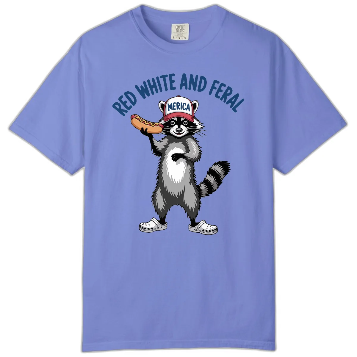 Red White and Feral Raccoon Hot Dog Comfort Color in Flo Blue