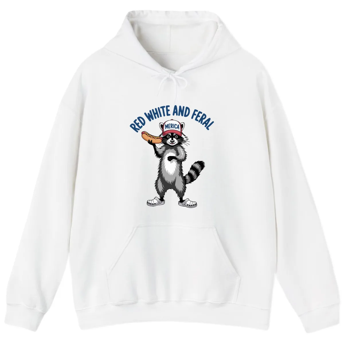 Red White and Feral Raccoon Hot Dog Hoodie in White