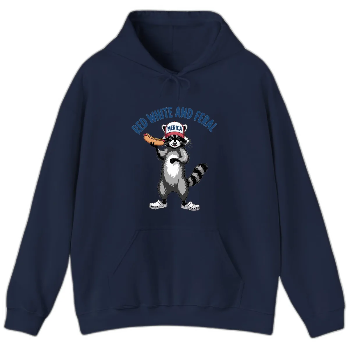Red White and Feral Raccoon Hot Dog Hoodie in Navy