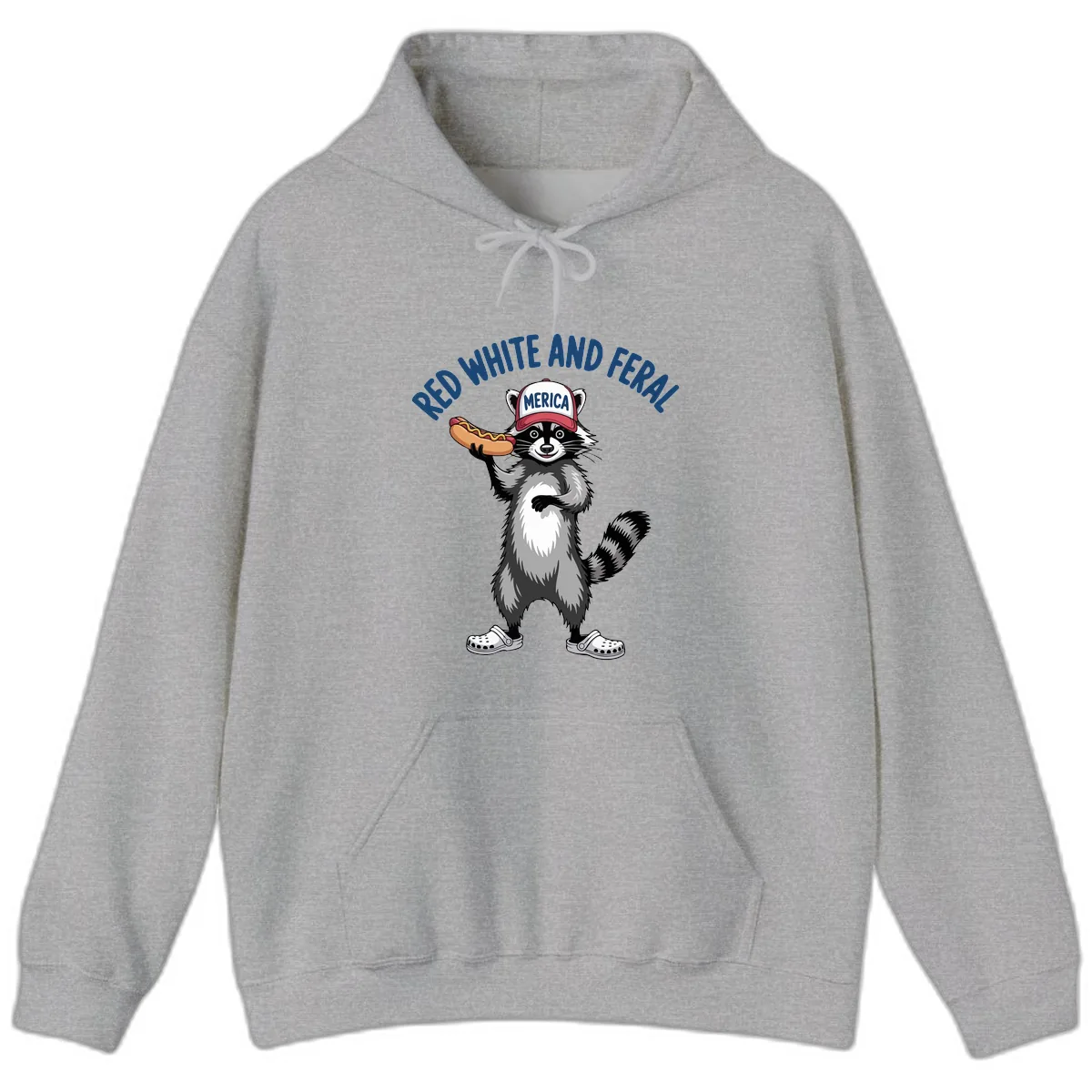 Red White and Feral Raccoon Hot Dog Hoodie in Sport Grey