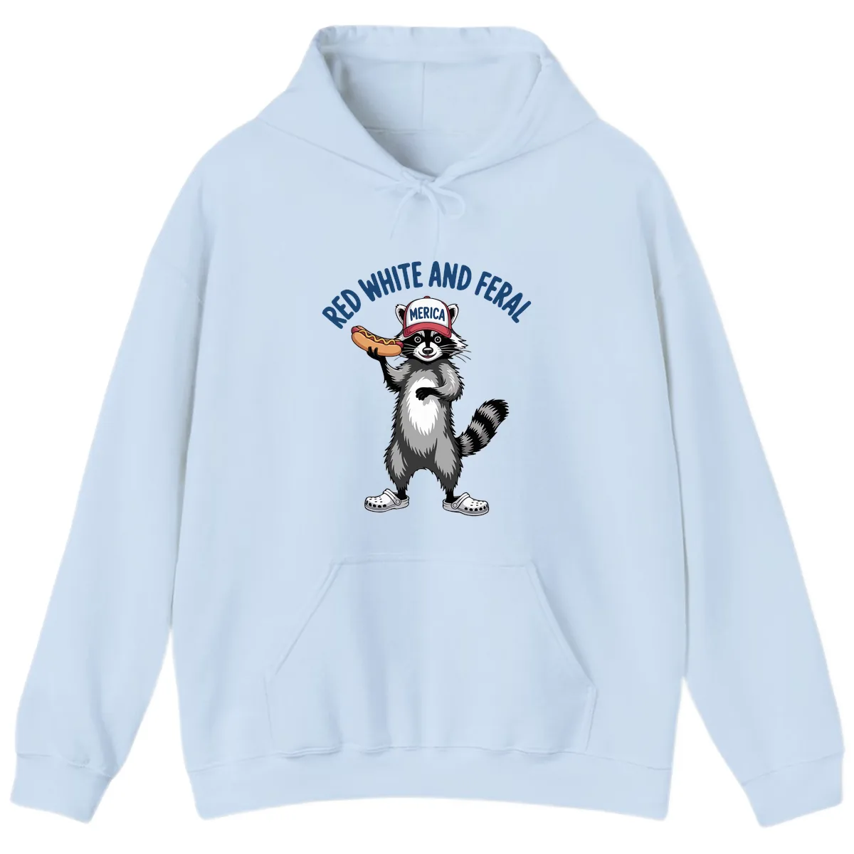 Red White and Feral Raccoon Hot Dog Hoodie in Light Blue