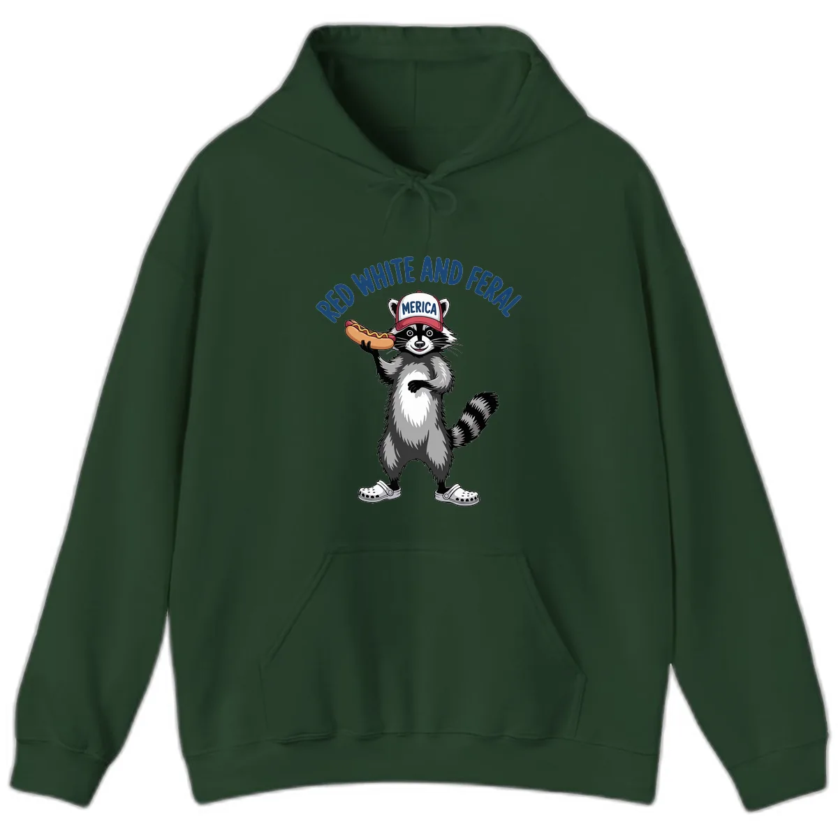 Red White and Feral Raccoon Hot Dog Hoodie in Forest Green