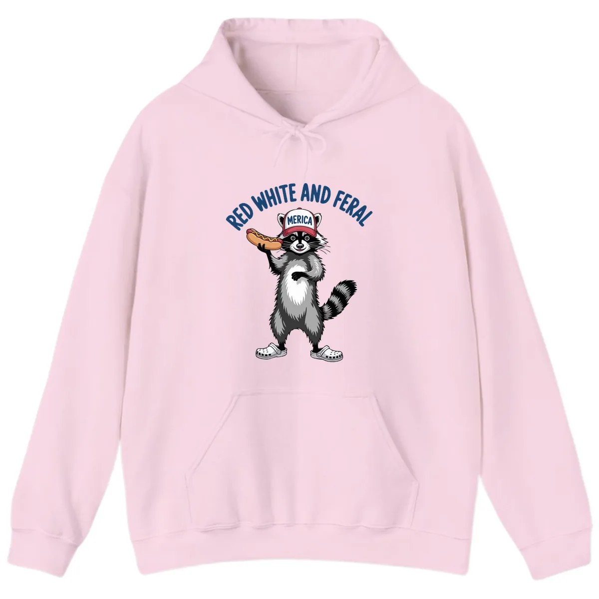 Red White and Feral Raccoon Hot Dog Hoodie in Light Pink