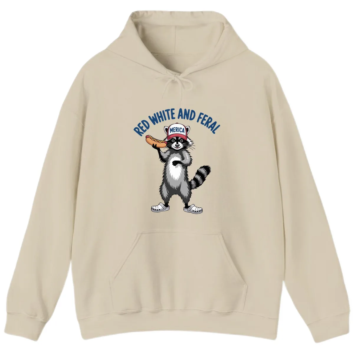 Red White and Feral Raccoon Hot Dog Hoodie in Sand