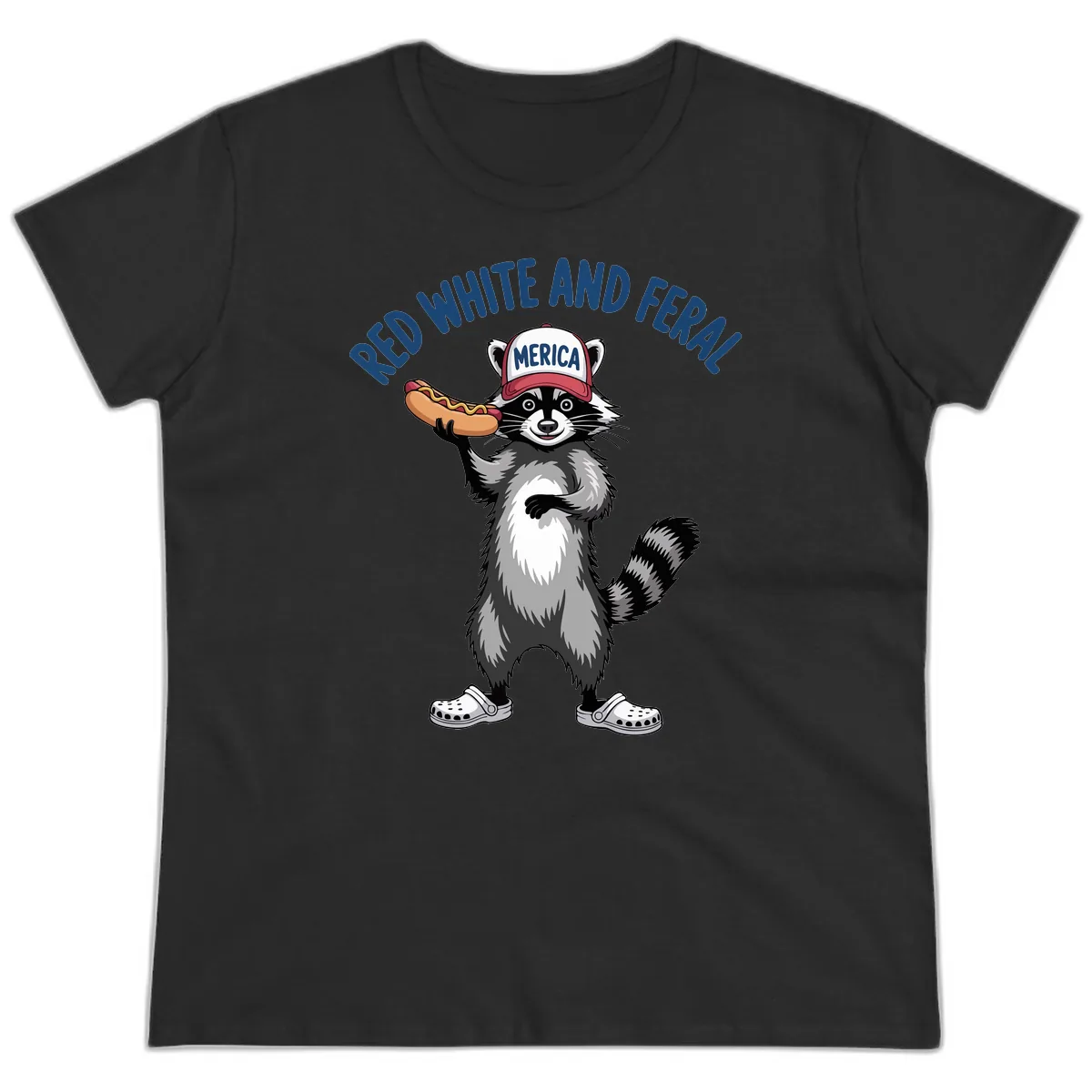 Red White and Feral Raccoon Hot Dog Ladies Tee in Black