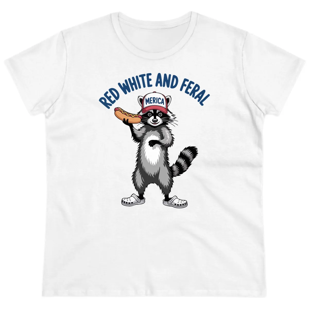 Red White and Feral Raccoon Hot Dog Ladies Tee in White