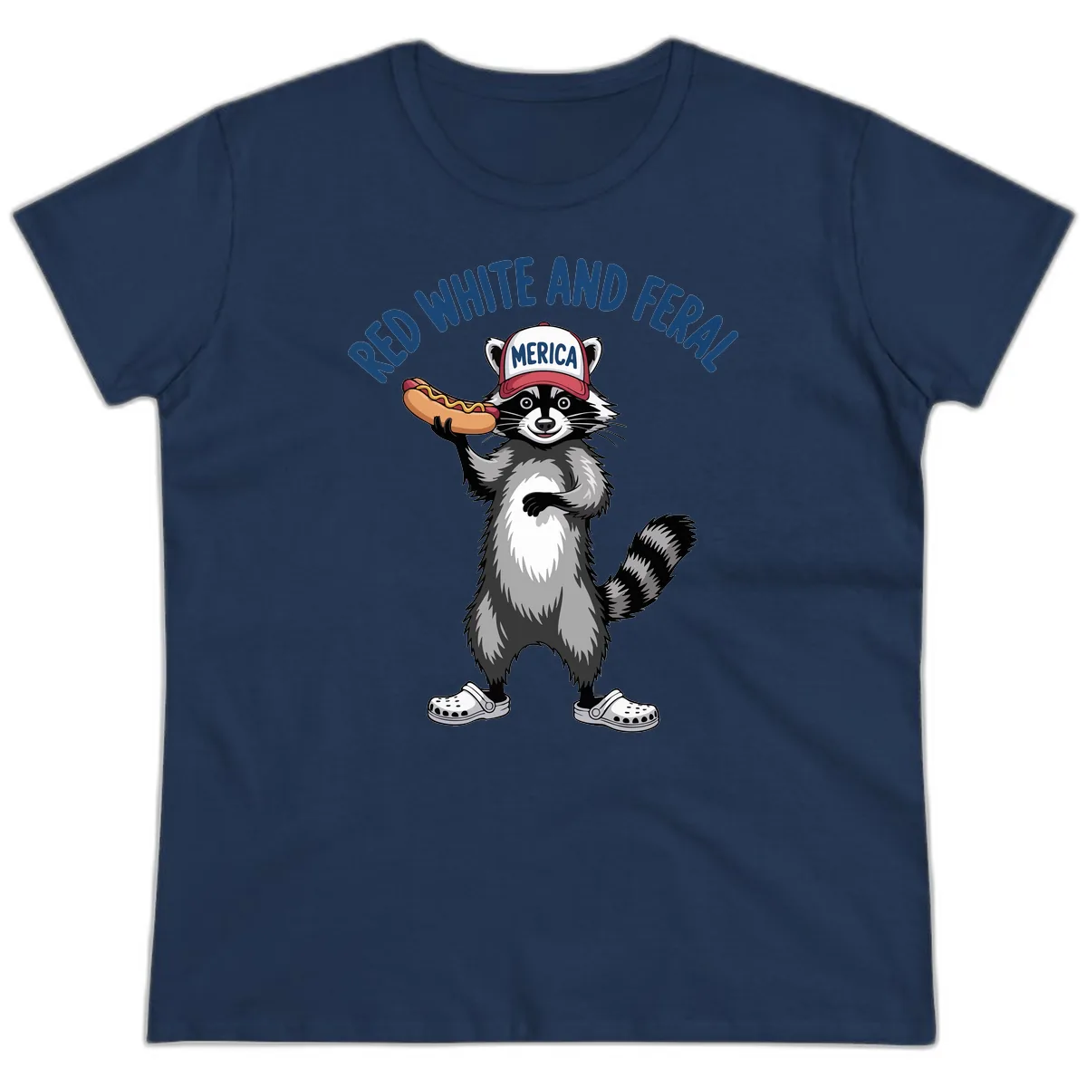 Red White and Feral Raccoon Hot Dog Ladies Tee in Navy