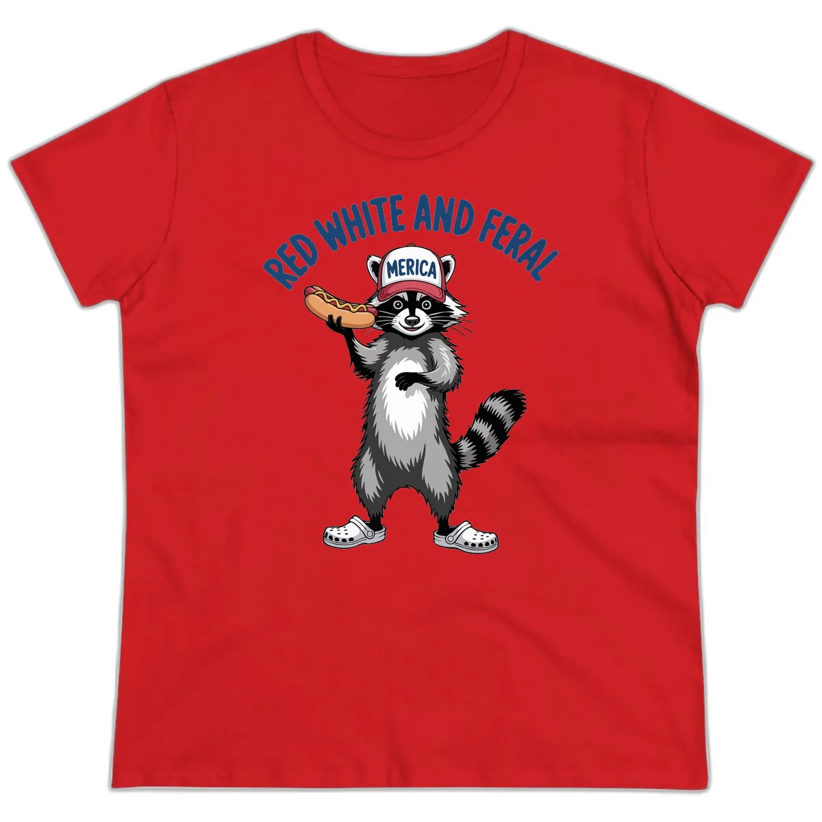 Red White and Feral Raccoon Hot Dog Ladies Tee in Red