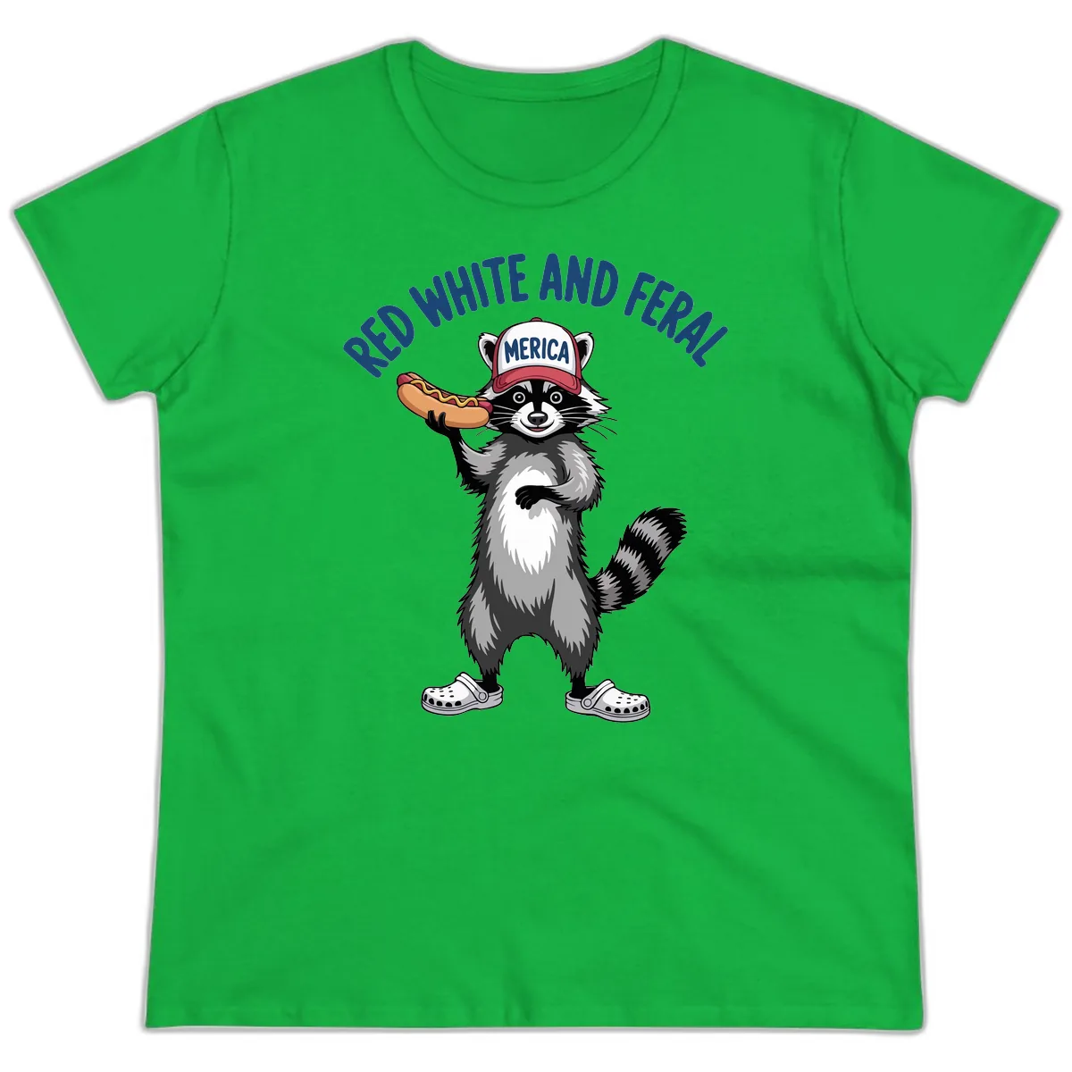 Red White and Feral Raccoon Hot Dog Ladies Tee in Irish Green