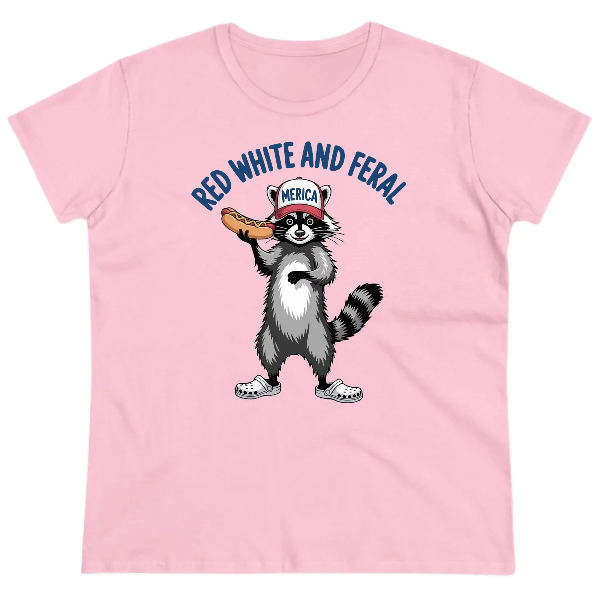 Red White and Feral Raccoon Hot Dog Ladies Tee in Light Pink