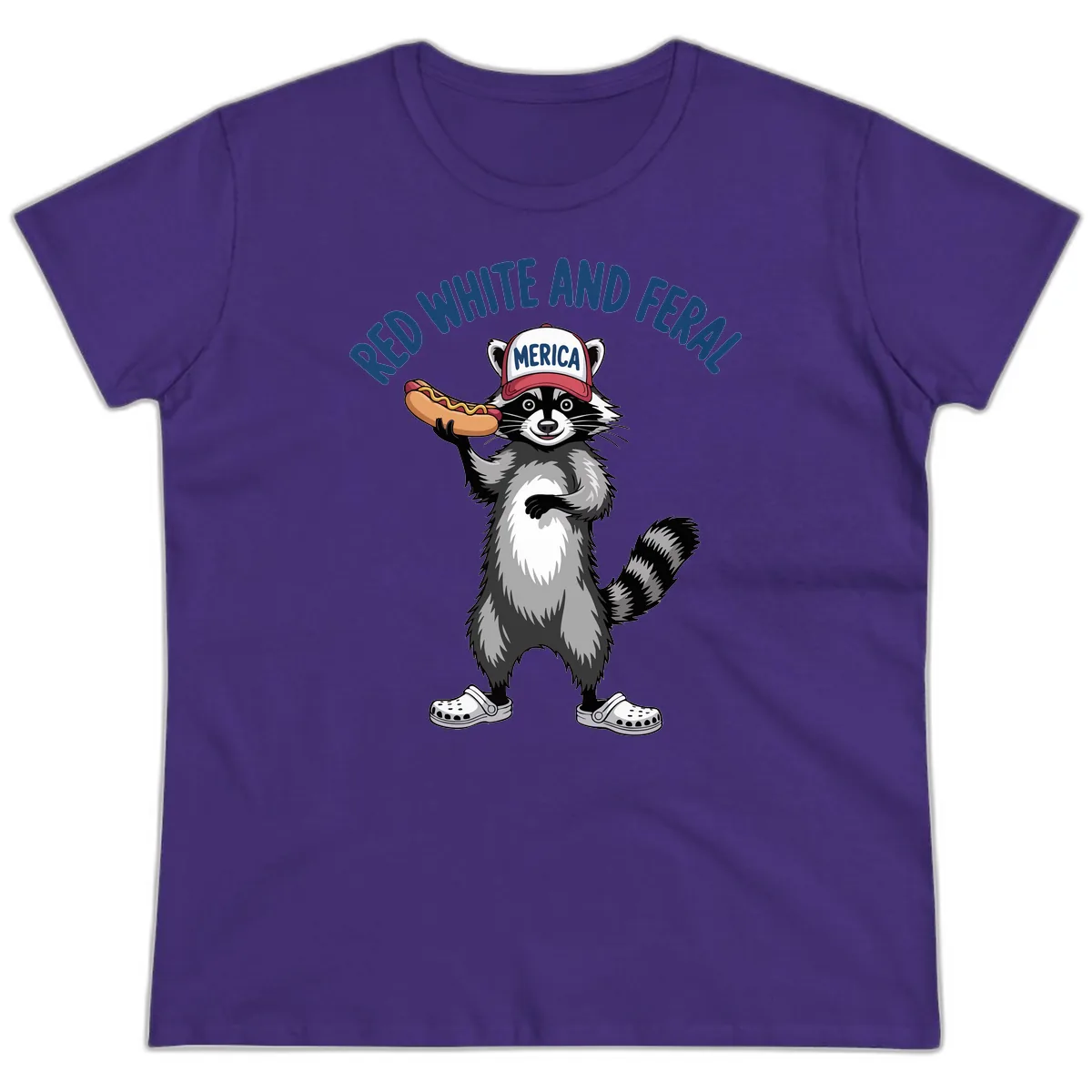 Red White and Feral Raccoon Hot Dog Ladies Tee in Purple